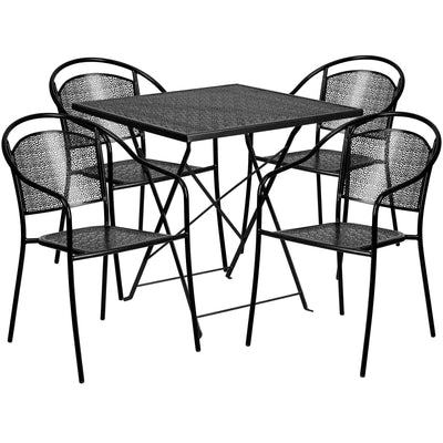 Oia Commercial Grade 28" Square Indoor-Outdoor Steel Folding Patio Table Set with 4 Round Back Chairs - View 1