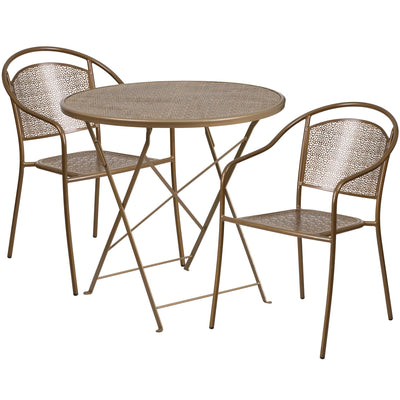 Oia Commercial Grade 30" Round Indoor-Outdoor Steel Folding Patio Table Set with 2 Round Back Chairs - View 1