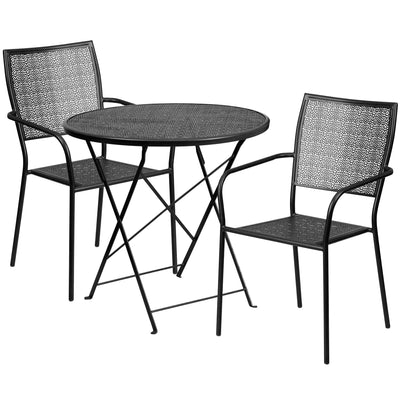 Oia Commercial Grade 30" Round Indoor-Outdoor Steel Folding Patio Table Set with 2 Square Back Chairs - View 1