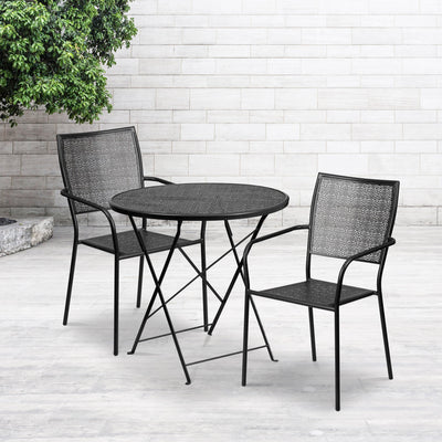 Oia Commercial Grade 30" Round Indoor-Outdoor Steel Folding Patio Table Set with 2 Square Back Chairs - View 2