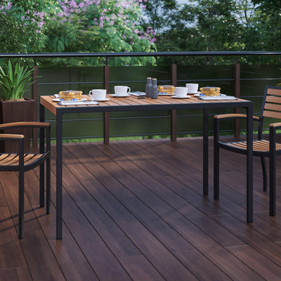Outdoor Dining Table with Synthetic Teak Poly Slats - Steel Framed Restaurant Table with Umbrella Holder Hole - View 2