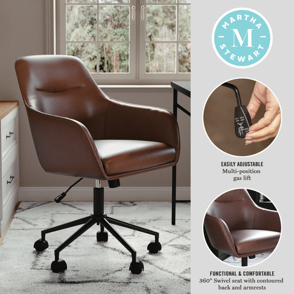 Saddle Brown Faux Leather/Oil Rubbed Bronze |#| Faux Leather Swivel Home Office Chair with Flared Arms-Saddle Brown/Oil Bronze