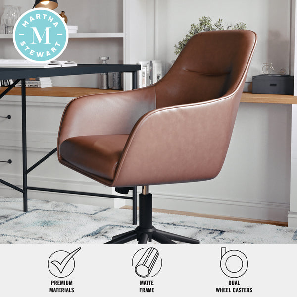 Saddle Brown Faux Leather/Oil Rubbed Bronze |#| Faux Leather Swivel Home Office Chair with Flared Arms-Saddle Brown/Oil Bronze