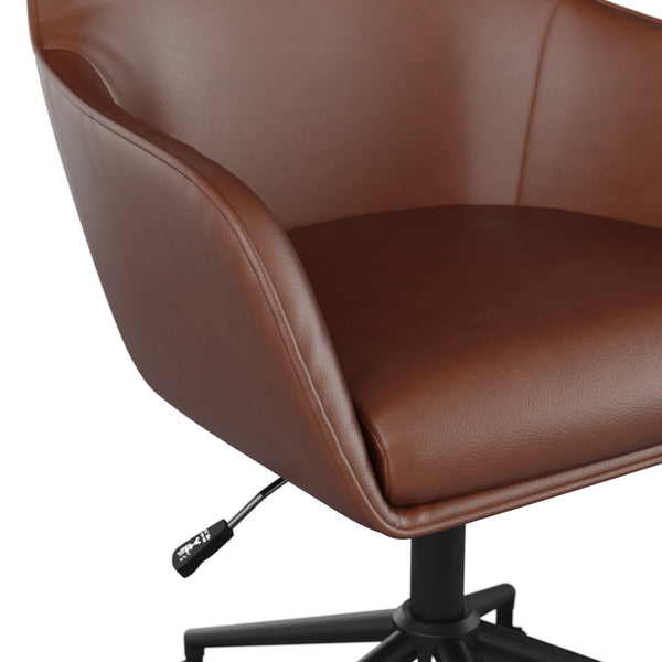 Saddle Brown Faux Leather/Oil Rubbed Bronze |#| Faux Leather Swivel Home Office Chair with Flared Arms-Saddle Brown/Oil Bronze