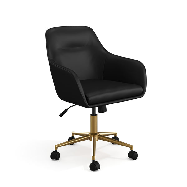 Black Faux Leather/Polished Brass Frame |#| Faux Leather Swivel Home Office Chair with Flared Arms-Black/Polished Brass