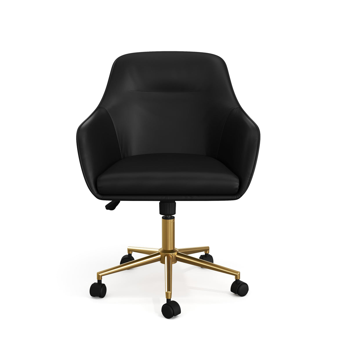 Black Faux Leather/Polished Brass Frame |#| Faux Leather Swivel Home Office Chair with Flared Arms-Black/Polished Brass