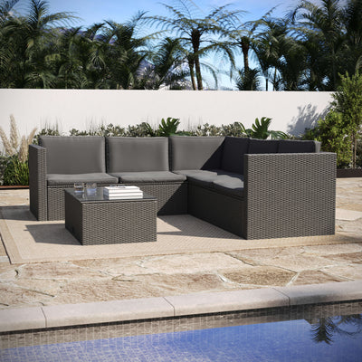 Roan Indoor/Outdoor L-Shaped Sectional with Coffee Table in Wicker PE Rattan with Cushions - View 2
