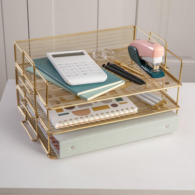 Ryder 3 Tier Desk Letter Tray Organizer, Stackable Steel Mesh Inbox Tray for Files, Papers, or Letters - View 2