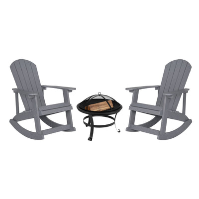 Savannah Set of 2 All-Weather Poly Resin Wood Adirondack Rocking Chairs with 22" Round Wood Burning Fire Pit - View 1