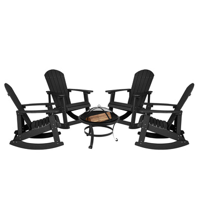 Savannah Set of 4 All-Weather Poly Resin Wood Adirondack Rocking Chairs with 22" Round Wood Burning Fire Pit - View 1
