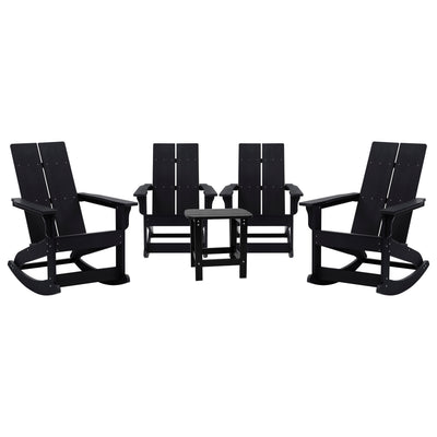 Set of 4 Finn Modern Commercial Grade All-Weather 2-Slat Poly Resin Rocking Adirondack Chairs with Matching Side Table - View 1