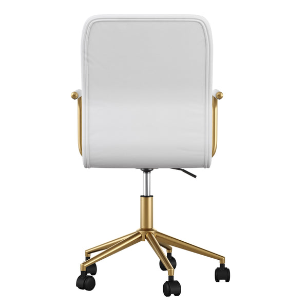 White Faux Leather/Polished Brass |#| Faux Leather Swivel Home Office Chair with Integrated Armrests-White/Brass