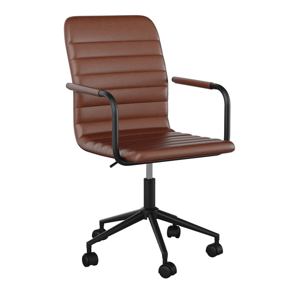 Saddle Brown Faux Leather/Oil Rubbed Bronze |#| Faux Leather Swivel Home Office Chair with Integrated Armrests-Brown/Oil Bronze