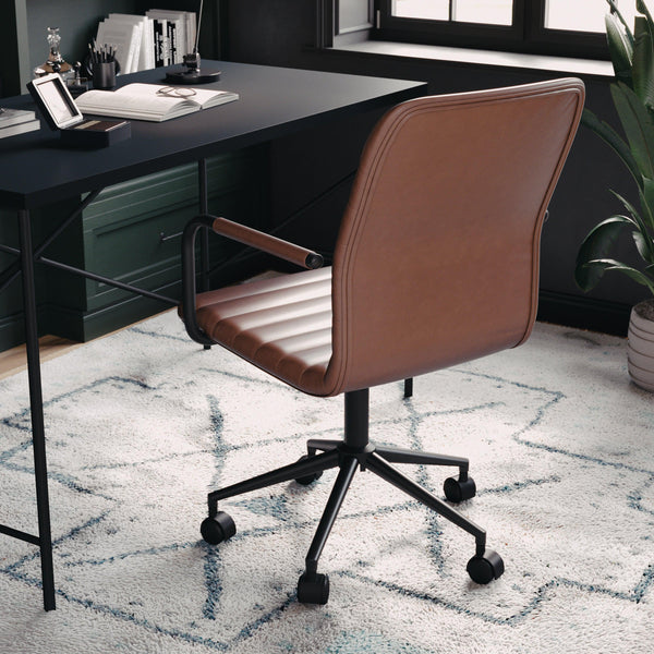 Saddle Brown Faux Leather/Oil Rubbed Bronze |#| Faux Leather Swivel Home Office Chair with Integrated Armrests-Brown/Oil Bronze