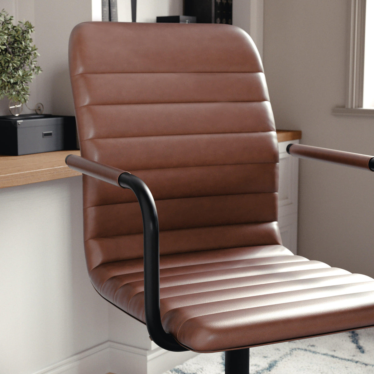 Saddle Brown Faux Leather/Oil Rubbed Bronze |#| Faux Leather Swivel Home Office Chair with Integrated Armrests-Brown/Oil Bronze