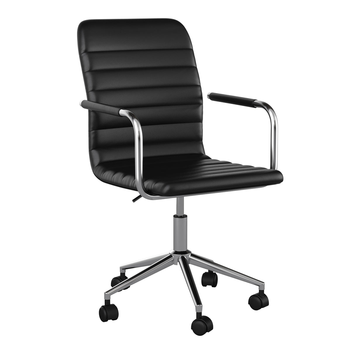 Black Faux Leather/Polished Nickel |#| Faux Leather Swivel Home Office Chair with Integrated Armrests-Black/Nickel