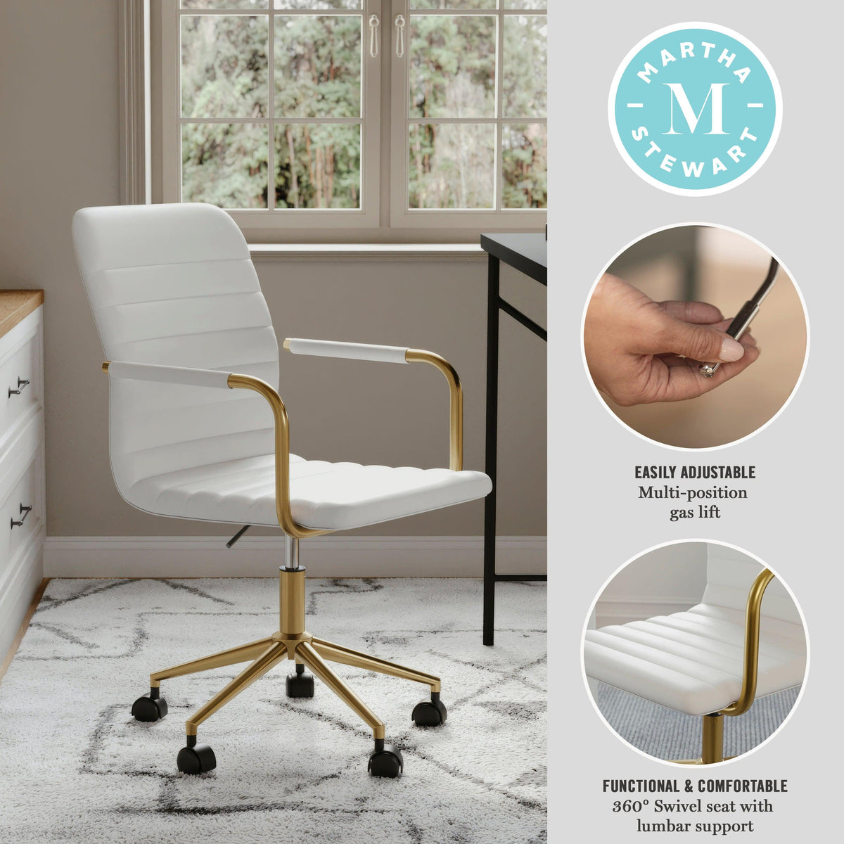 White Faux Leather/Polished Brass |#| Faux Leather Swivel Home Office Chair with Integrated Armrests-White/Brass