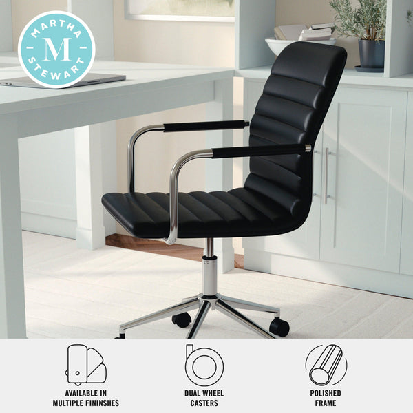 Black Faux Leather/Polished Nickel |#| Faux Leather Swivel Home Office Chair with Integrated Armrests-Black/Nickel