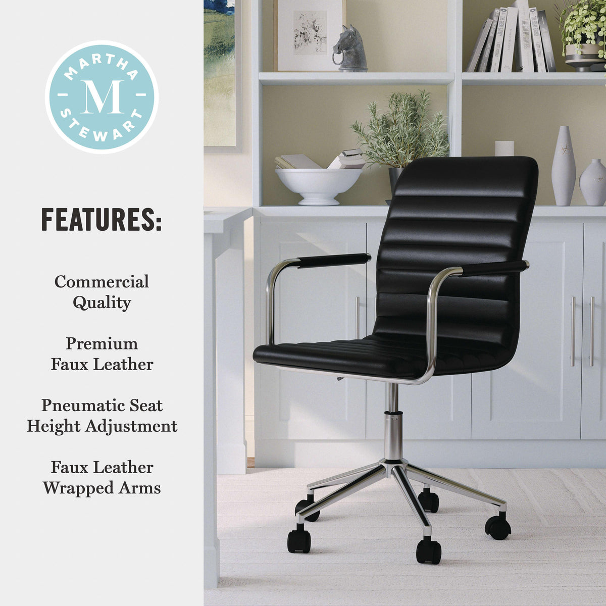 Black Faux Leather/Polished Nickel |#| Faux Leather Swivel Home Office Chair with Integrated Armrests-Black/Nickel