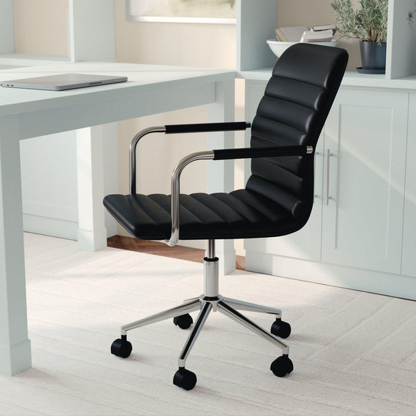 Black Faux Leather/Polished Nickel |#| Faux Leather Swivel Home Office Chair with Integrated Armrests-Black/Nickel