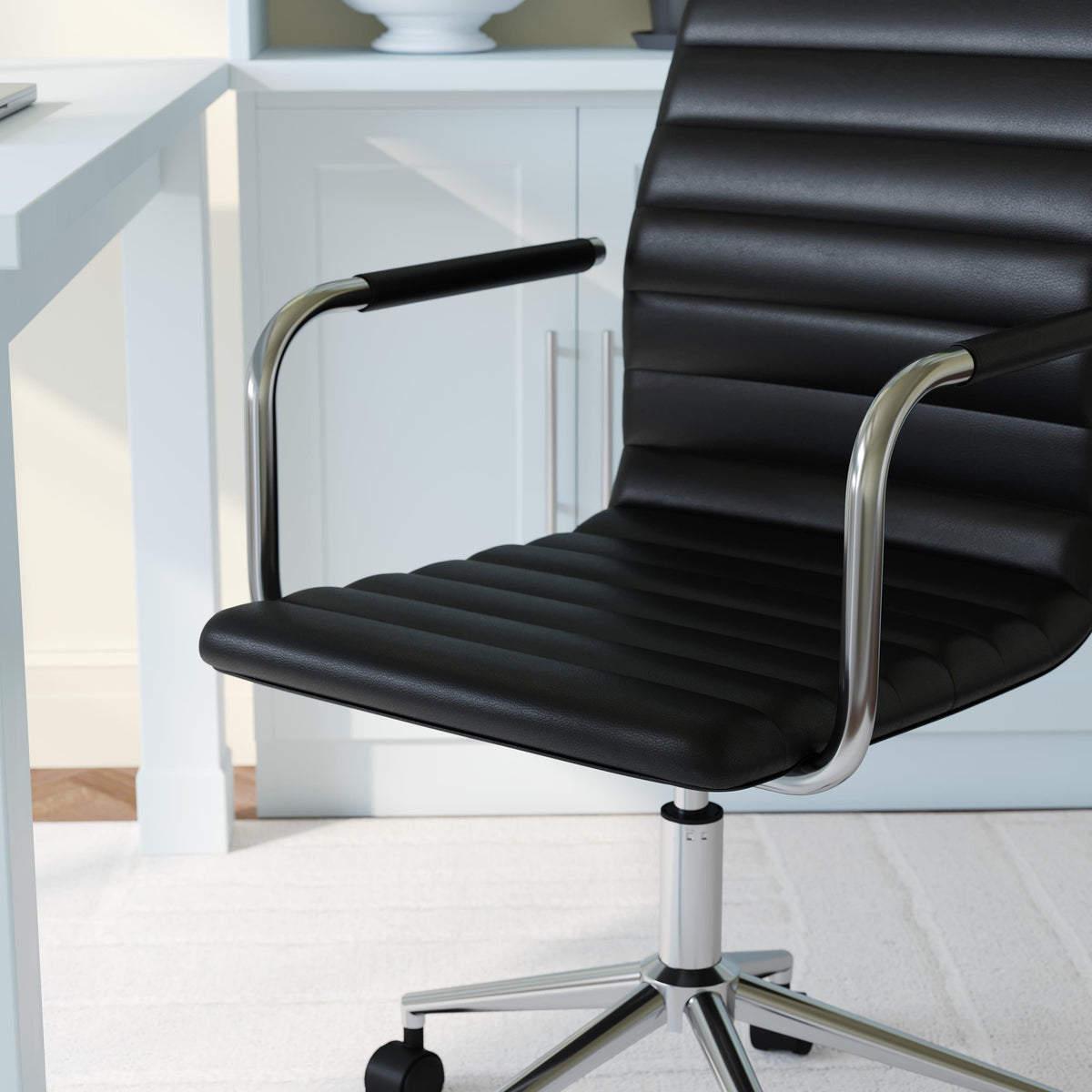 Black Faux Leather/Polished Nickel |#| Faux Leather Swivel Home Office Chair with Integrated Armrests-Black/Nickel