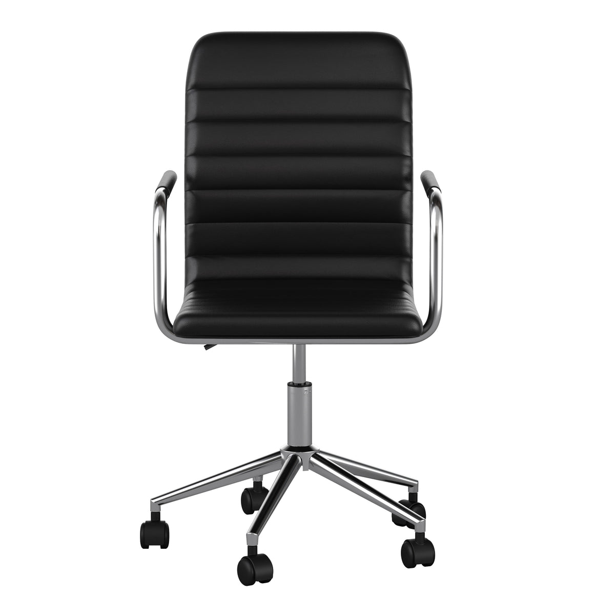 Black Faux Leather/Polished Nickel |#| Faux Leather Swivel Home Office Chair with Integrated Armrests-Black/Nickel