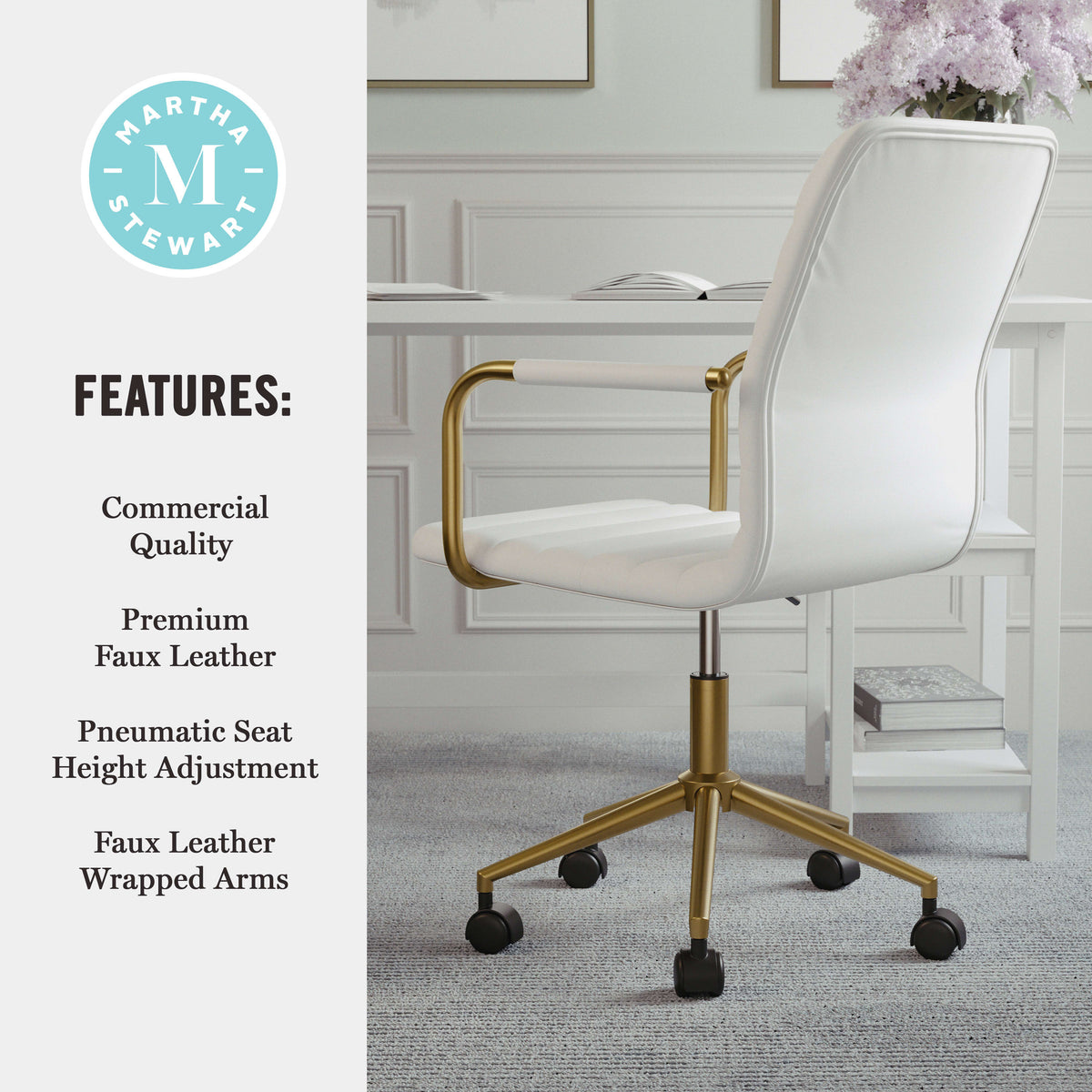 White Faux Leather/Polished Brass |#| Faux Leather Swivel Home Office Chair with Integrated Armrests-White/Brass