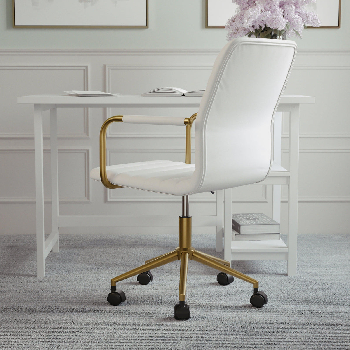 White Faux Leather/Polished Brass |#| Faux Leather Swivel Home Office Chair with Integrated Armrests-White/Brass