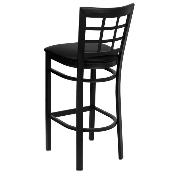 Black Vinyl Seat/Black Metal Frame |#| Black Window Back Metal Restaurant Barstool - Black Vinyl Seat