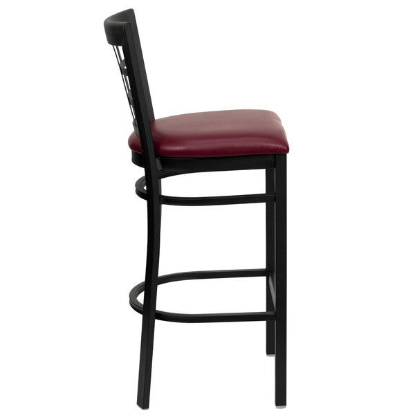 Burgundy Vinyl Seat/Black Metal Frame |#| Black Window Back Metal Restaurant Barstool - Burgundy Vinyl Seat