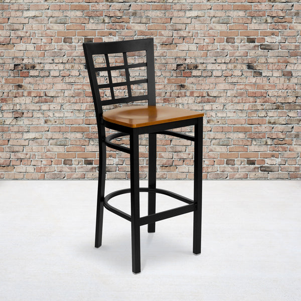 Cherry Wood Seat/Black Metal Frame |#| Black Window Back Metal Restaurant Barstool - Cherry Wood Seat