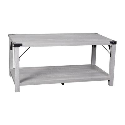 Wyatt Modern Farmhouse Wooden 2 Tier Coffee Table with Metal Corner Accents and Cross Bracing - View 1