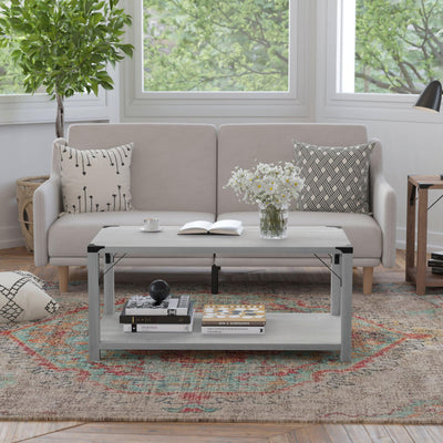Wyatt Modern Farmhouse Wooden 2 Tier Coffee Table with Metal Corner Accents and Cross Bracing - View 2