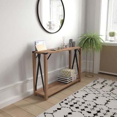 Wyatt Modern Farmhouse Wooden 2 Tier Console Entry Table with Metal Corner Accents and Cross Bracing - View 2