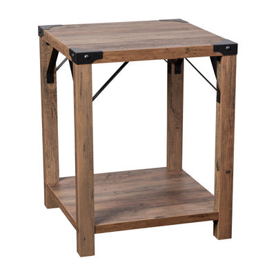 Wyatt Modern Farmhouse Wooden 2 Tier End Table with Metal Corner Accents and Cross Bracing - View 1